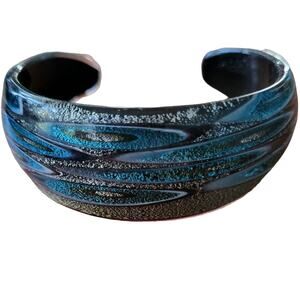 Blue Silver Glittery Art Glass Cuff Bracelet